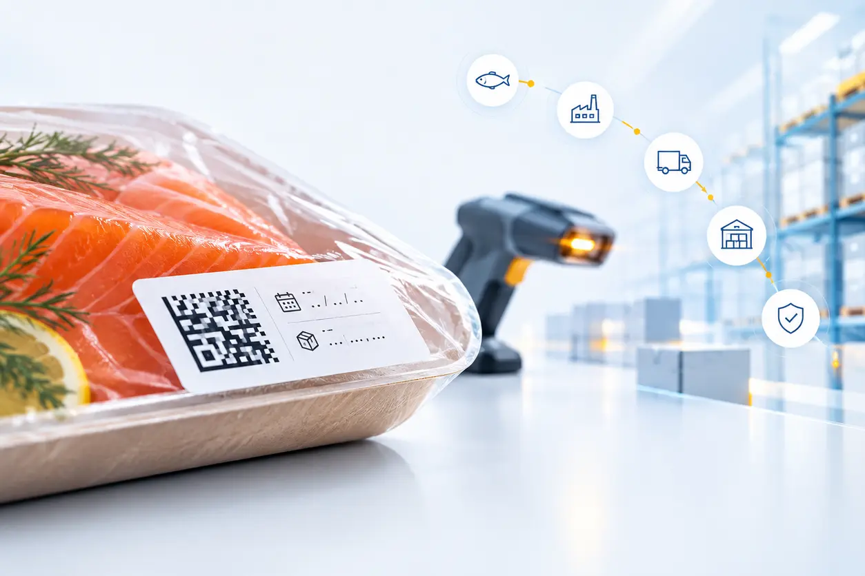 A modern product-packaging and supply-chain scene showing a food package with a clean 2D code, an expiry date and lot label, plus subtle warehouse and recall traceability visual cues.
