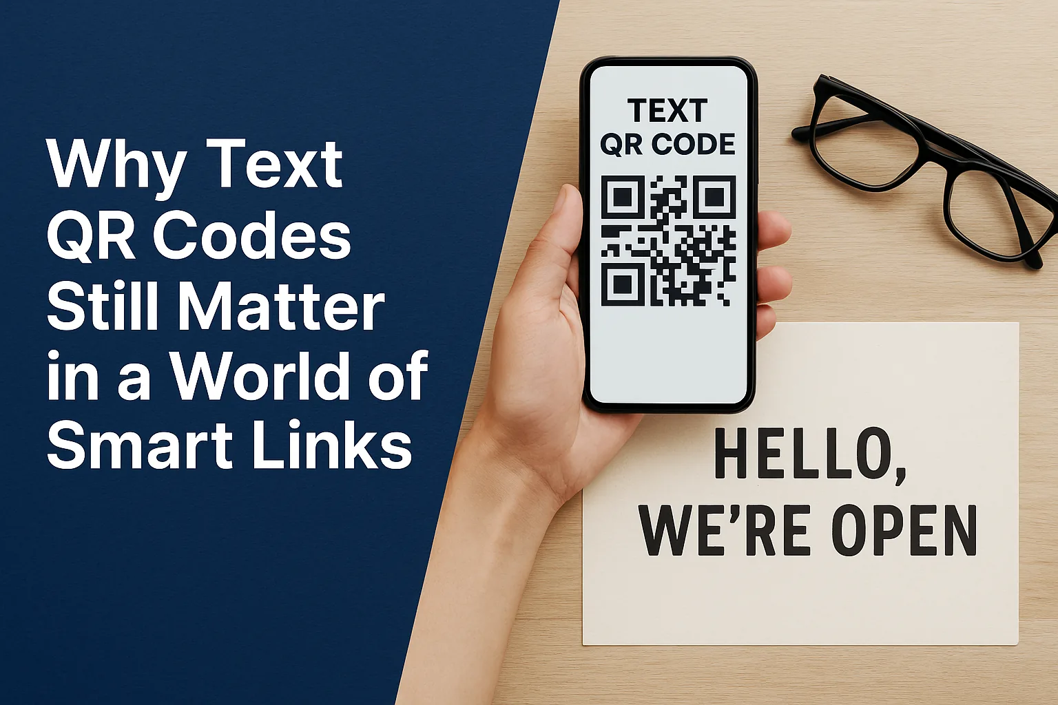 A digital illustration displaying a smartphone scanning a Text QR Code, with glowing text output, emphasizing clarity, simplicity, and data accuracy.