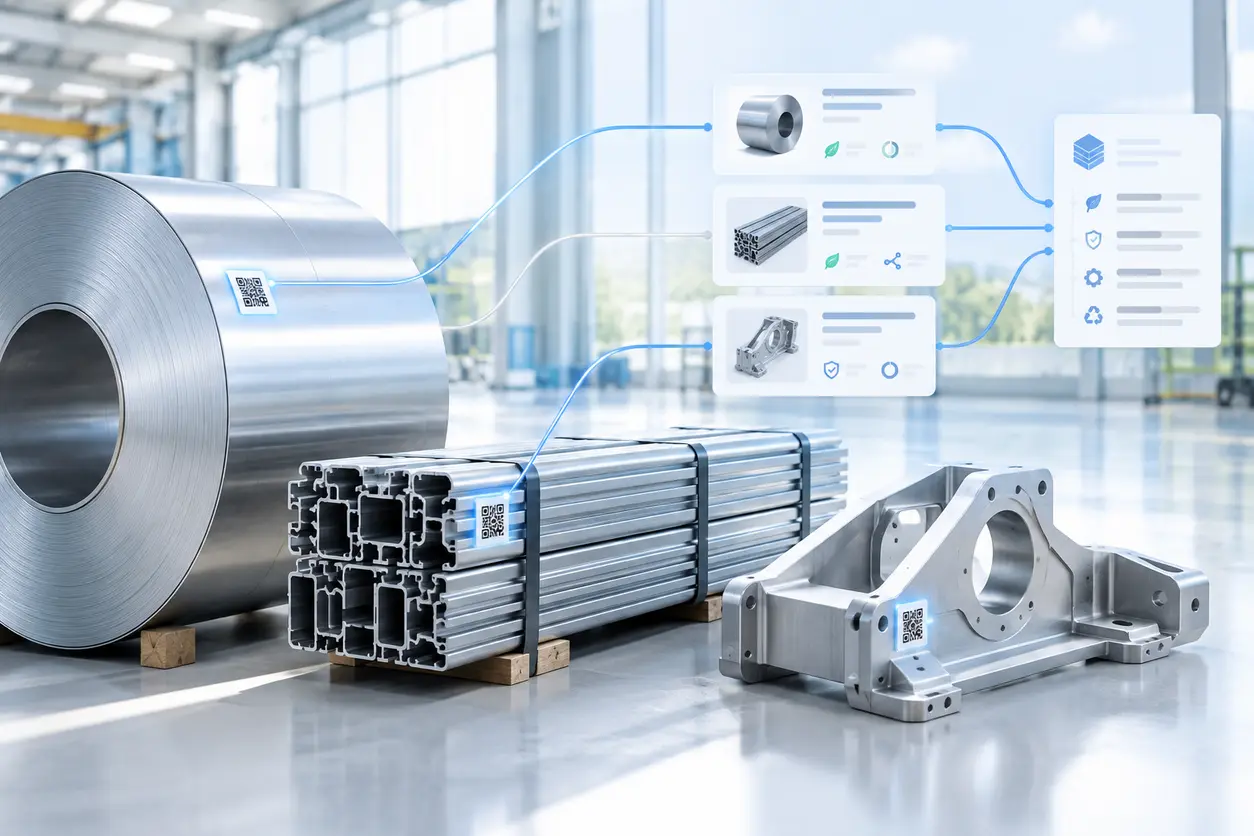 A modern aluminium manufacturing setting with bundled extruded profiles and rolled aluminium coils, each carrying a subtle durable QR label, connected by clean digital trace lines to a floating product-passport data card.