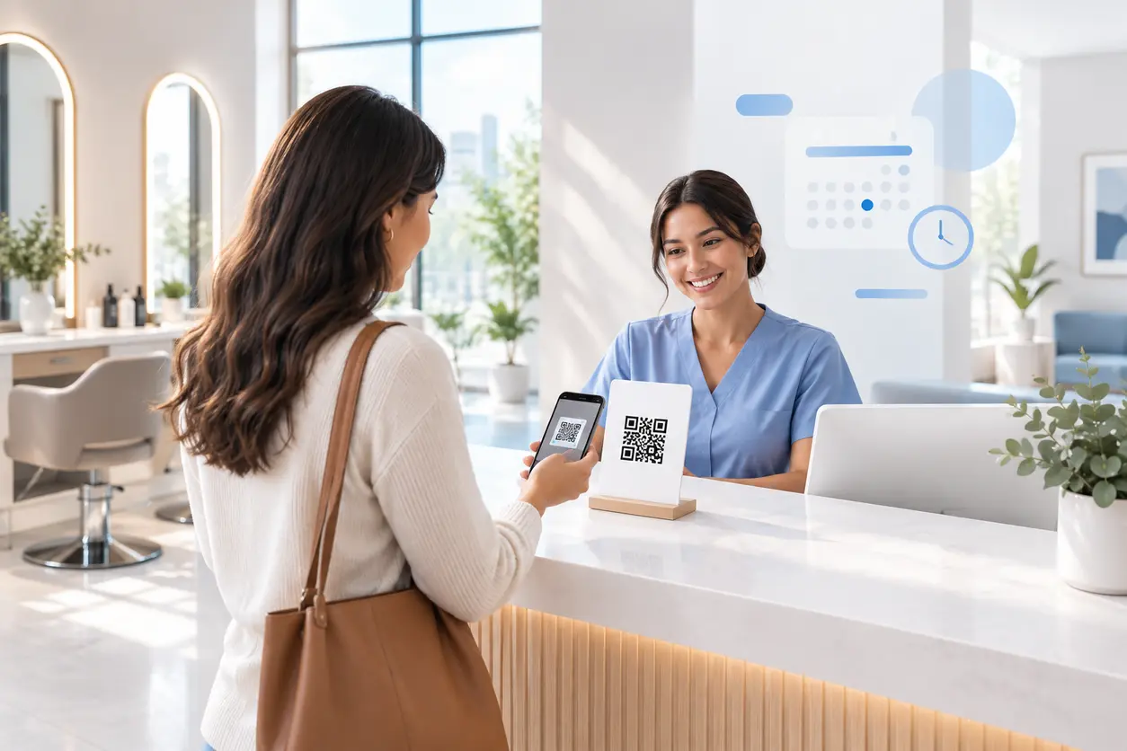 A polished salon and clinic reception scene with a small tabletop sign displaying a QR code, a client scanning it with a smartphone, and subtle appointment calendar imagery in the background.