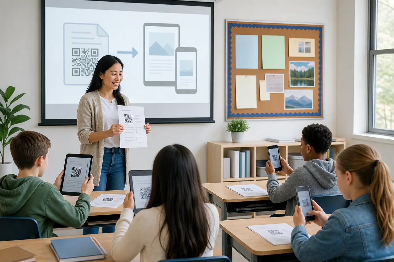 A modern classroom scene with printed worksheets, a bulletin board, and a presentation slide, each showing a visible QR code that connects students to digital lesson materials on tablets and phones.
