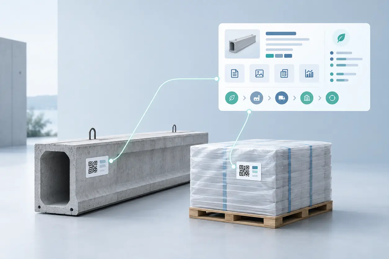 A construction-product package and precast material sample with illustrative QR labels, connected visually to a structured digital product record. The image emphasizes physical product identity and digital information access rather than construction-site signage.
