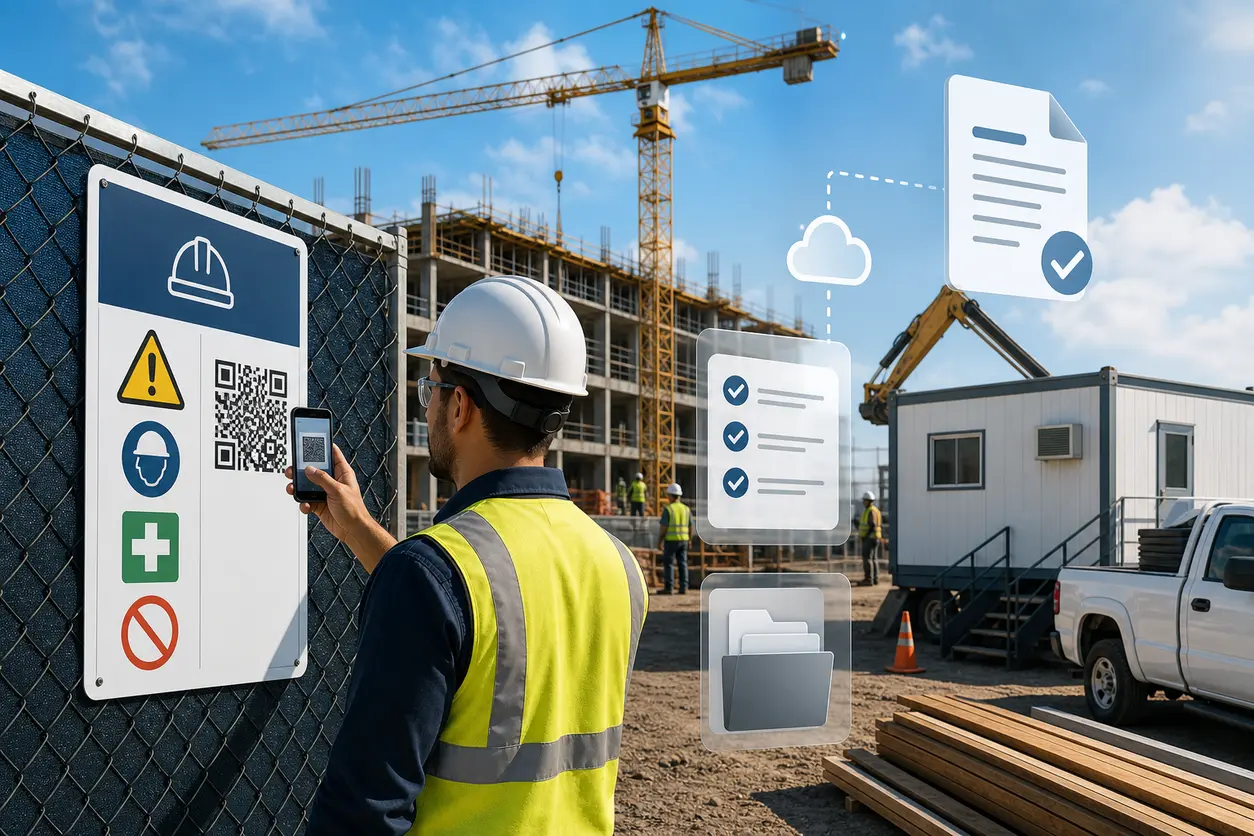 A modern construction site scene with a fence sign displaying a QR code, a supervisor scanning it with a phone, equipment labels with QR codes, and a trailer poster in the background, emphasizing safety documents and jobsite communication.