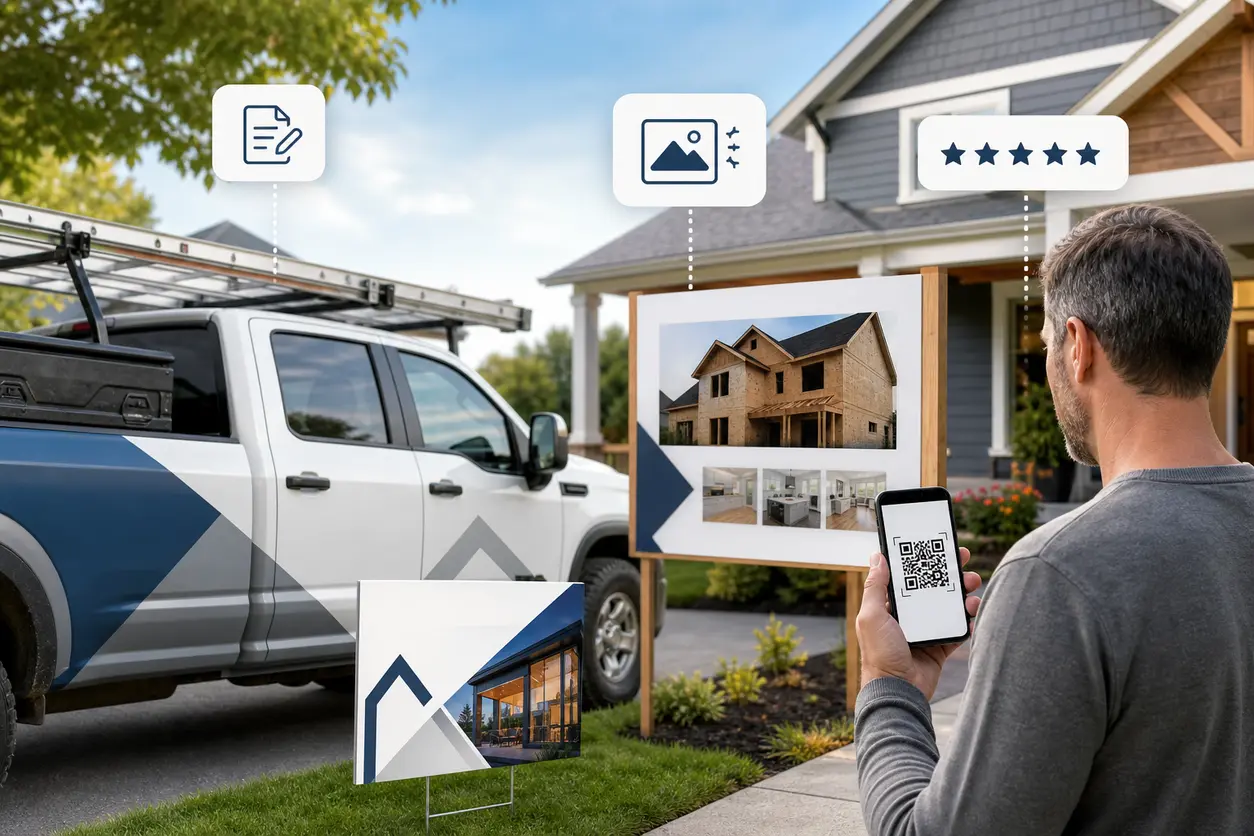 A branded contractor work truck and a yard sign at a residential remodel site, each displaying a QR code, with a homeowner scanning on a phone while a project update board and invoice review prompt appear subtly in the background.