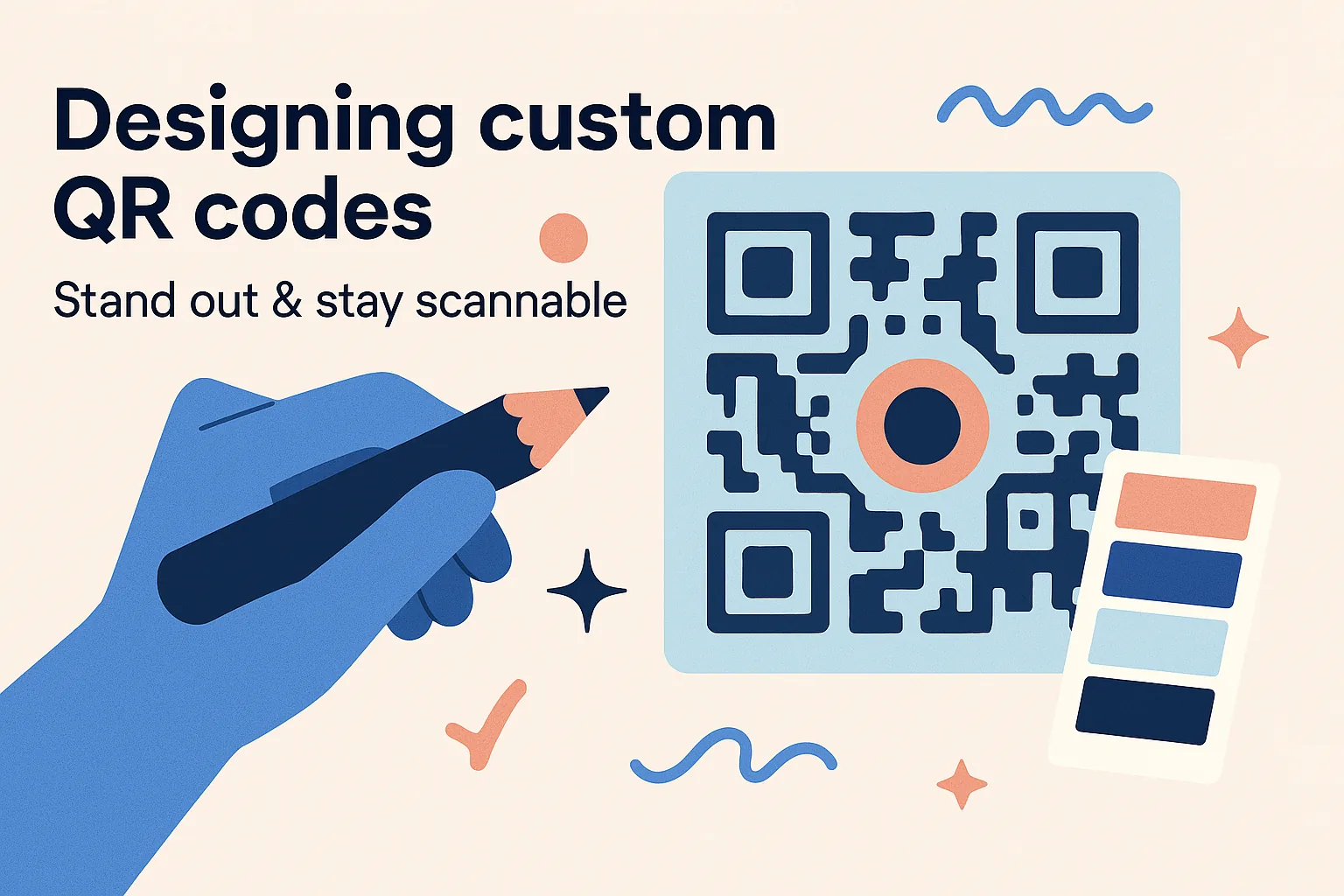 Hand drawing a stylized QR code with custom colors and design elements, highlighting how to create eye-catching but scannable custom QR codes.
