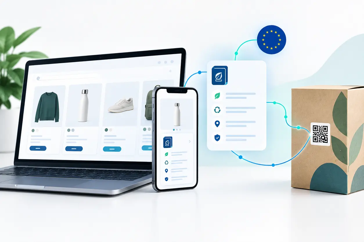A clean e-commerce product listing shown on a laptop and smartphone, connected by subtle lines to a Digital Product Passport card and a physical product package with a QR code, illustrating pre-purchase and post-purchase access.