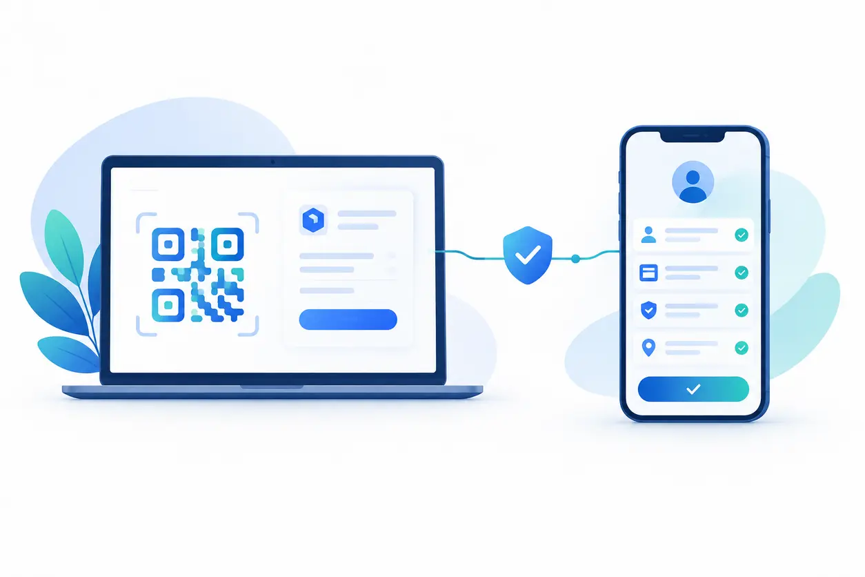 A desktop checkout displaying a stylized QR code beside a smartphone identity wallet approval screen, with subtle visual cues separating request handoff, user approval and backend verification.