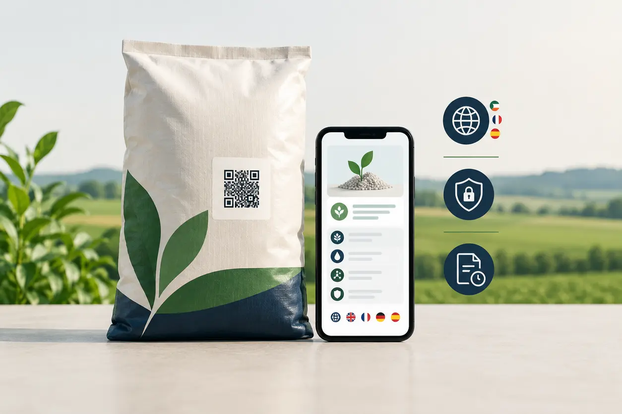 A fertiliser sack with a clearly visible external QR-style data carrier beside a smartphone showing an accessible digital label layout, with subtle symbols representing languages, privacy and long-term availability.