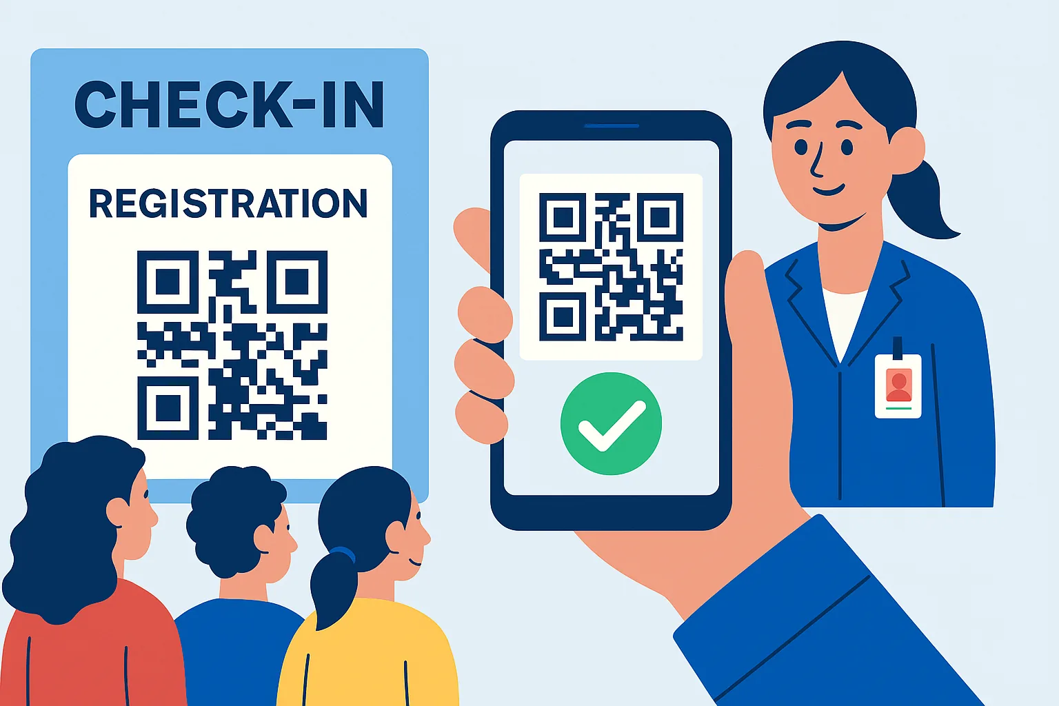 Event check-in scene with attendees scanning a registration QR code, illustrating fast and contactless access using event QR codes.