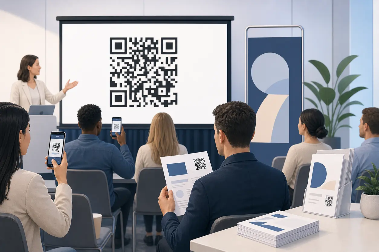 A modern conference setting with a presentation screen showing a large QR code, attendees scanning with phones, and printed session handouts plus room signage on a table.