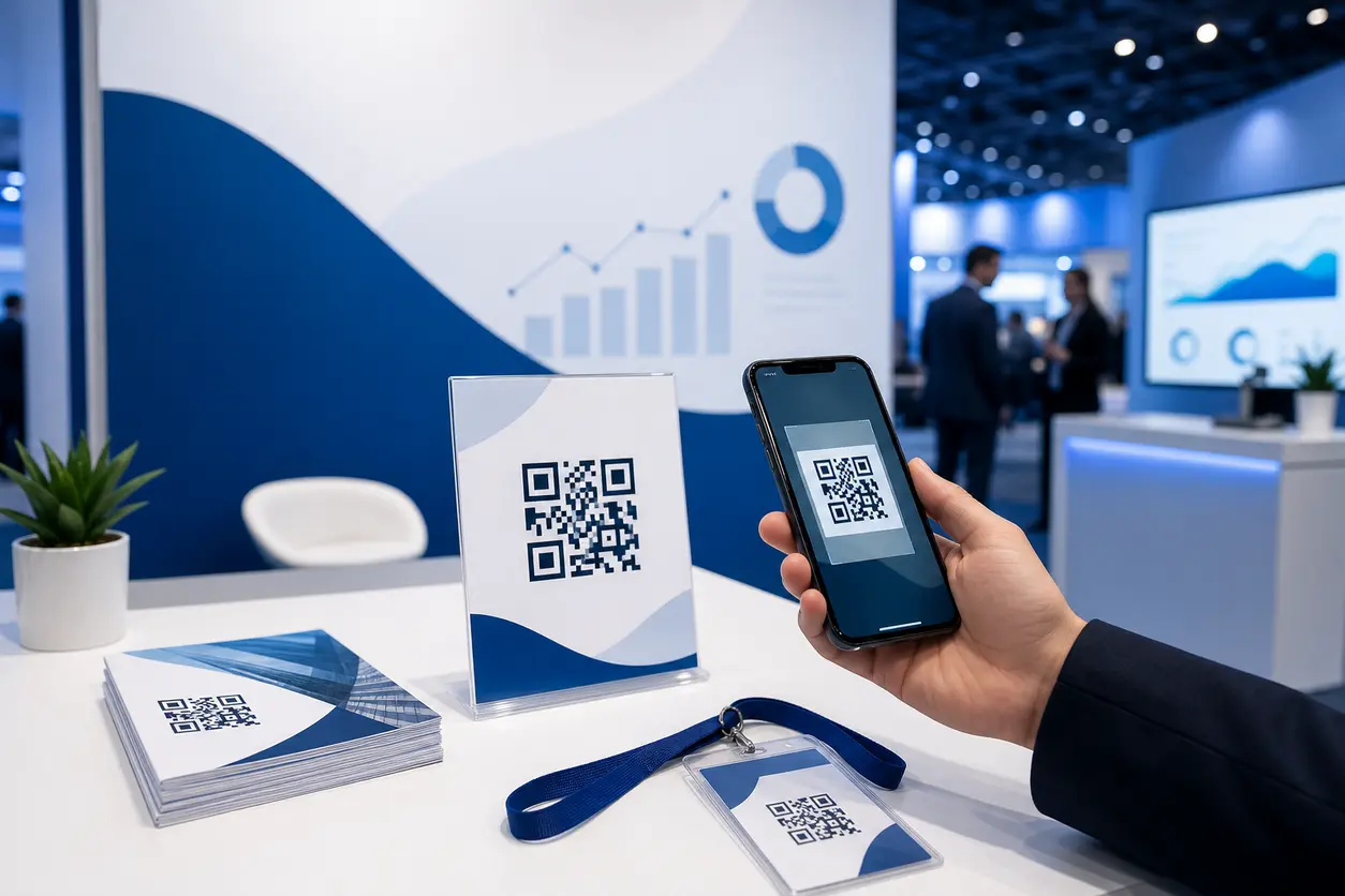 A modern trade show booth scene with a sponsor backdrop, tabletop display, printed handout, and badge insert, each featuring a scannable QR code leading to measurable lead capture workflows on mobile.