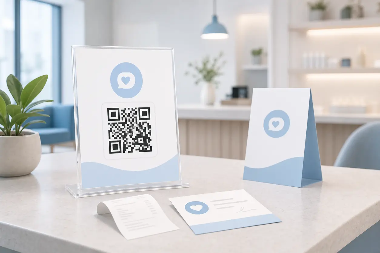 A local business checkout counter with a clean tabletop sign showing a QR code for Google reviews, alongside a receipt and thank-you card, in a modern professional retail or clinic setting.