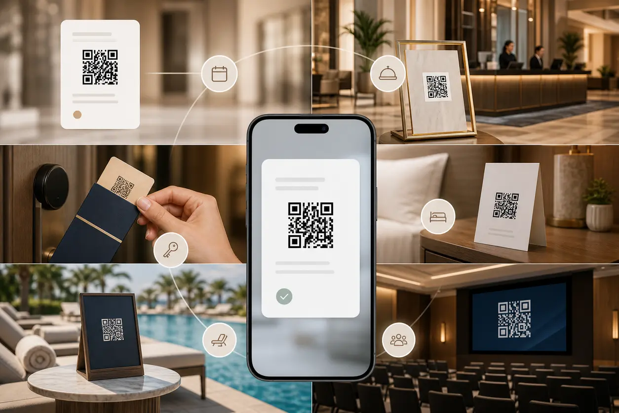 A modern boutique hotel lobby and guest room scene with branded QR code touchpoints on a booking confirmation, lobby sign, key-card sleeve, bedside card, pool sign, and conference stand, illustrating a digital concierge workflow.