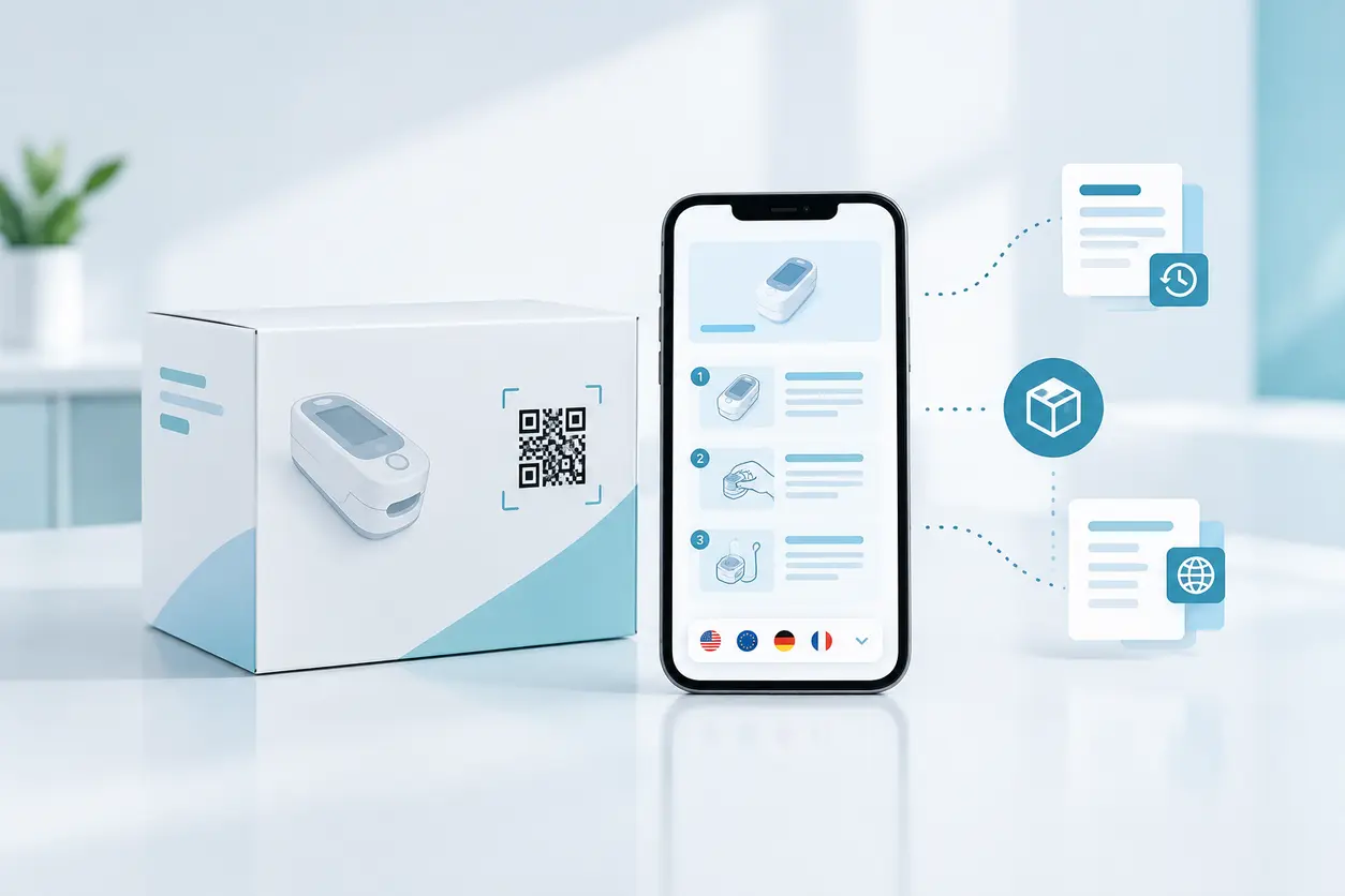 A medical-device package with a distinct QR access symbol beside a smartphone showing an abstract electronic instruction document, with subtle visual cues for language selection, revision control and linked product identity.