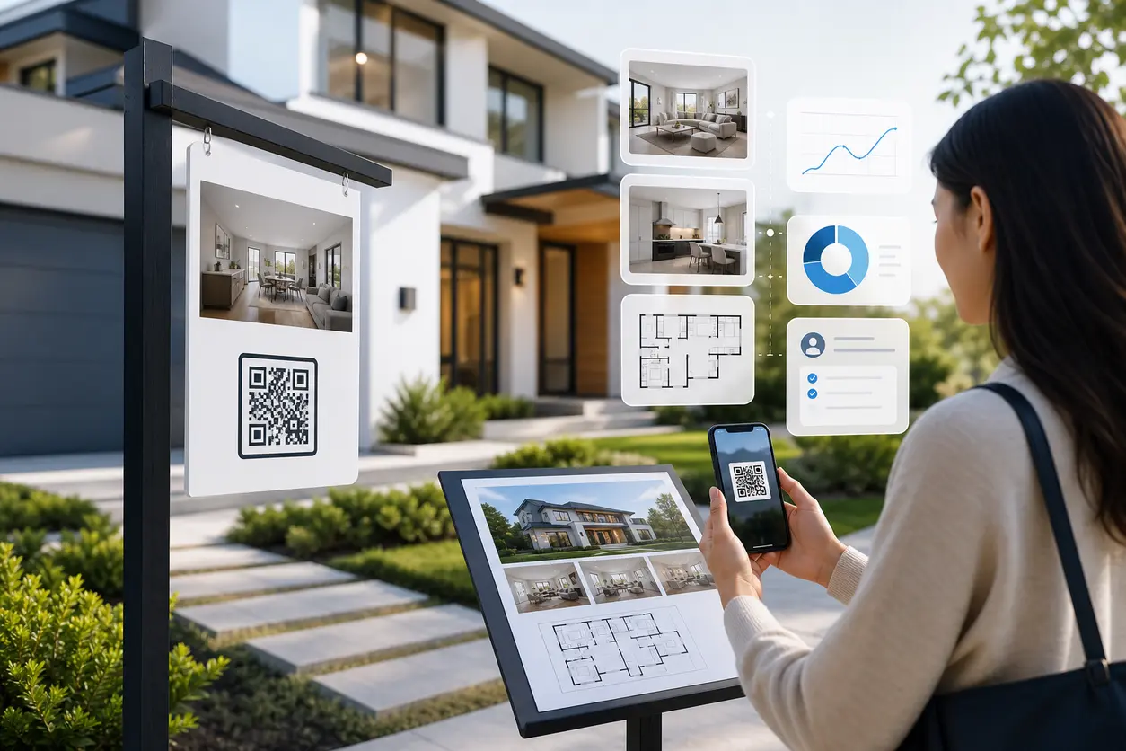 A modern real estate open house scene with a yard sign and flyer featuring a QR code, while a buyer scans it on a smartphone to view property details, photos, and a virtual tour.