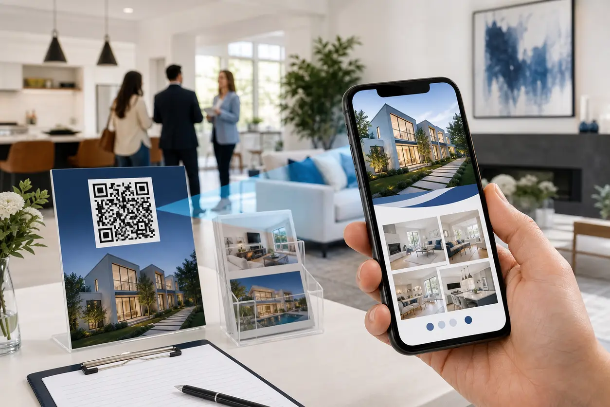 A modern open house scene with a real estate sign and tabletop display featuring a scannable QR code, while a buyer uses a smartphone to access property details, floor plans, and follow-up options.