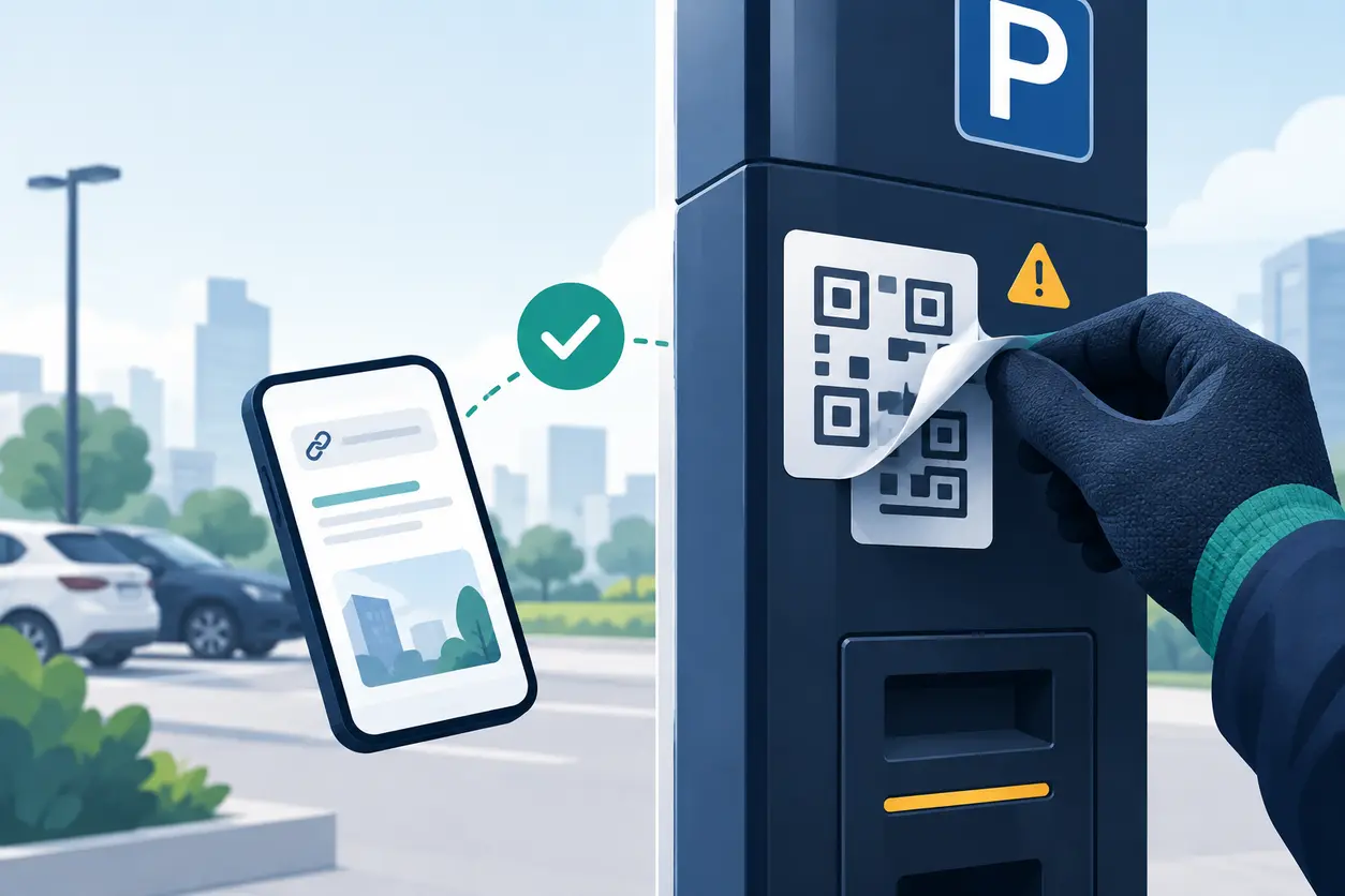 A close-up of a public parking payment sign with a visibly raised replacement QR sticker, paired with an operator inspecting the sign and a subtle destination-verification motif.