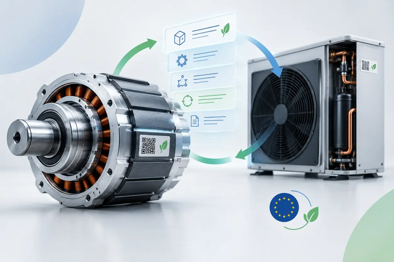 An industrial electric motor and a heat-pump component on a clean workbench, each with a subtle QR-style data-carrier label, connected visually to a structured lifecycle information card and circular recycling arrows.