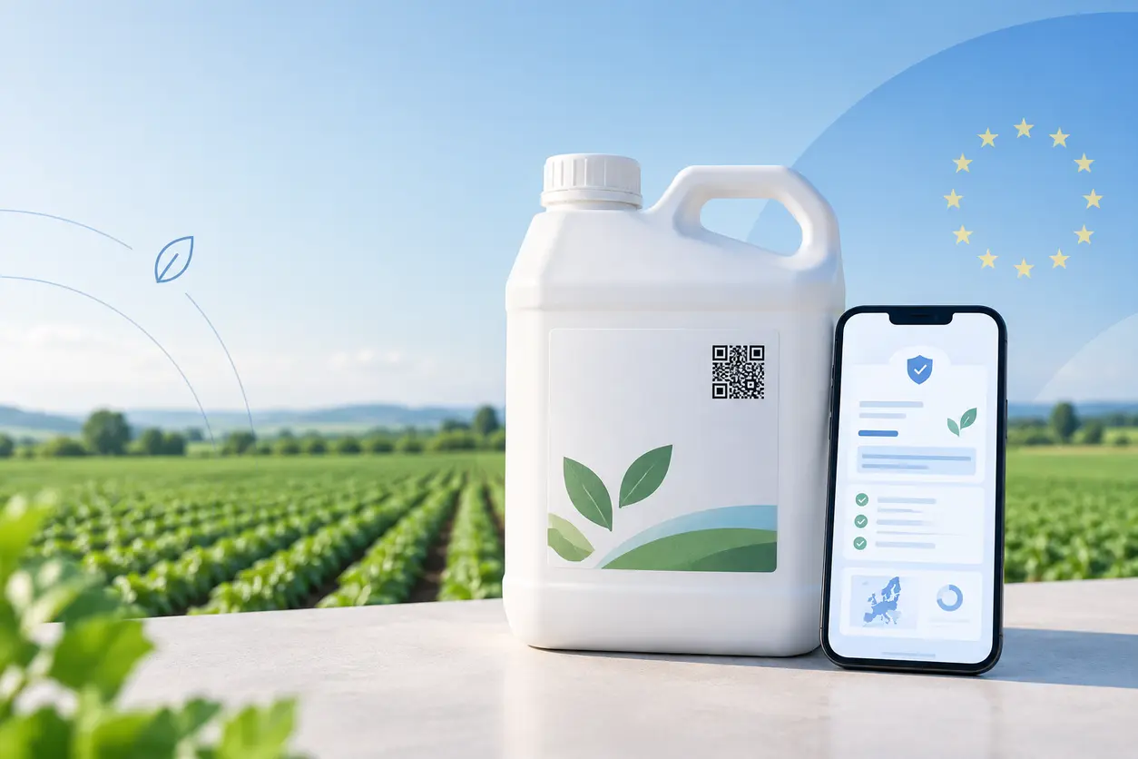 A crop-protection product container with a clearly visible but unbranded QR-style data carrier on its physical label, connected visually to a clean digital label interface on a smartphone, set against a subtle agricultural field background.