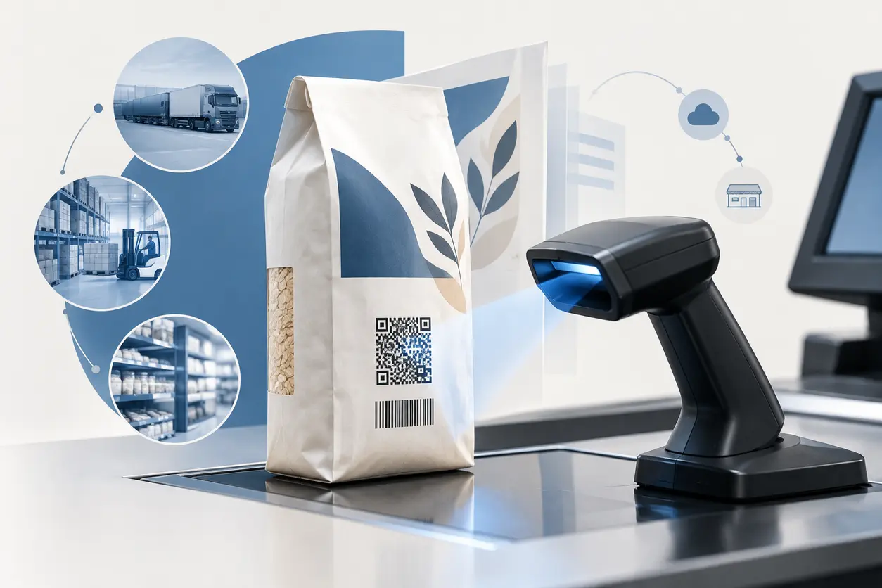 A retail private-label product package with a clear 2D barcode beside a legacy linear barcode, scanned at a modern grocery checkout, with subtle packaging workflow elements in the background.