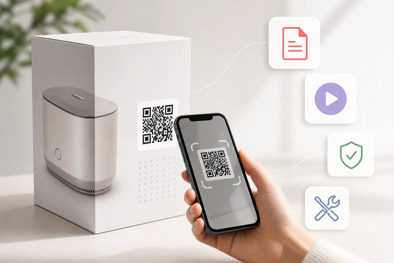 A modern product package on a clean surface with a visible QR code on the box and a smartphone scanning it to open a setup guide with icons representing PDF manuals, video tutorials, and troubleshooting support.