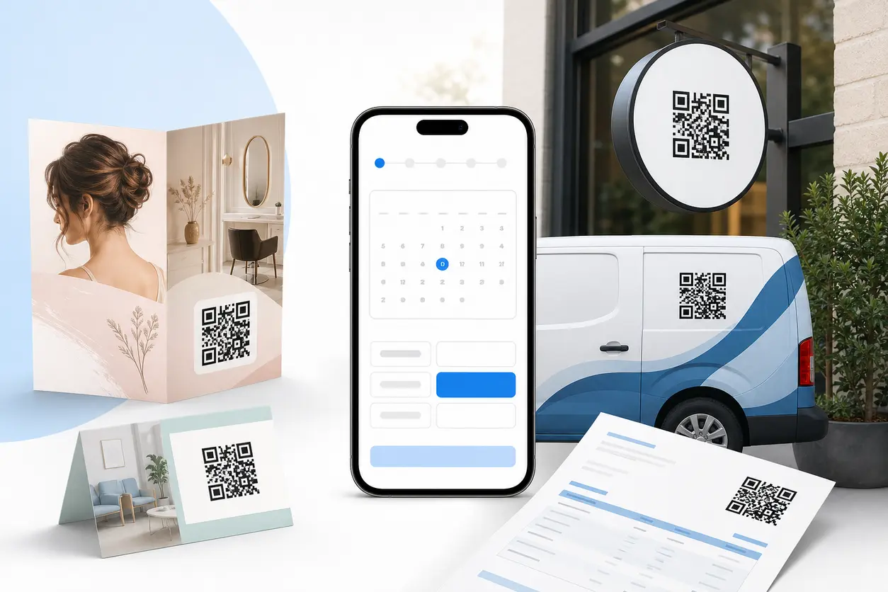 A clean featured image showing a salon brochure, storefront window sign, business card, invoice, and service van each displaying a QR code that connects to a mobile appointment calendar on a smartphone.