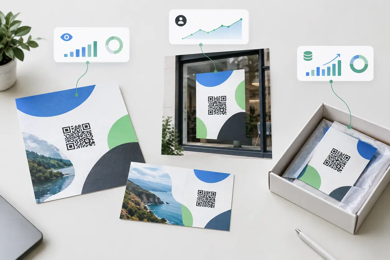 A modern offline-to-online campaign measurement scene showing a flyer, direct-mail postcard, storefront poster, and package insert, each with a distinct QR code flowing into clean analytics charts for scans, leads, sales, and ROI.