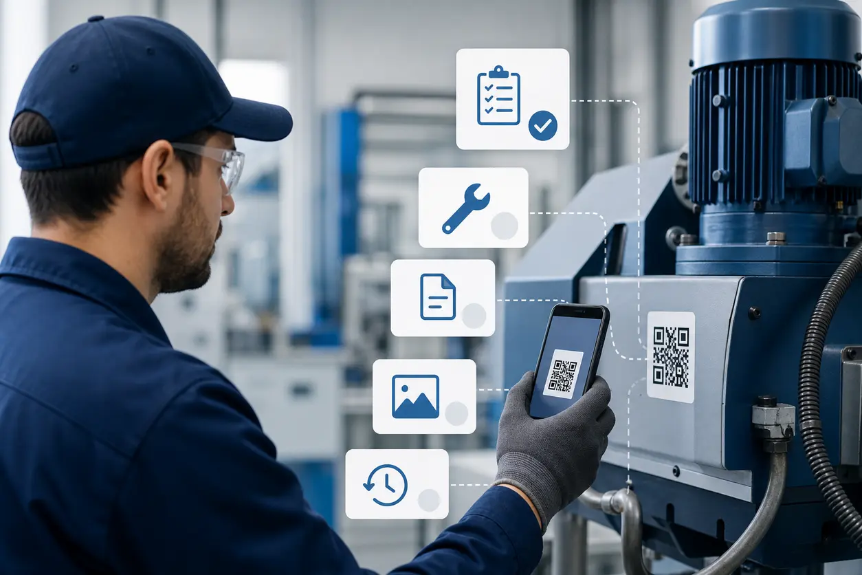 A maintenance technician scanning a durable QR label on industrial equipment, with a phone showing a clean mobile asset page that includes inspection, repair request, and service history options.