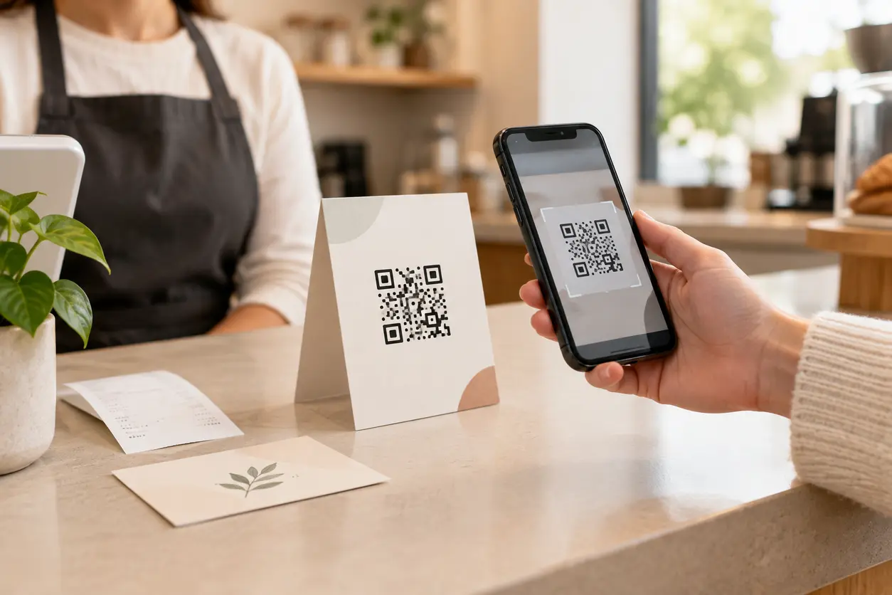 A clean point-of-service scene showing a small countertop review card with a prominent QR code beside a receipt and a customer holding a smartphone as if scanning, with a warm local-business setting in the background.