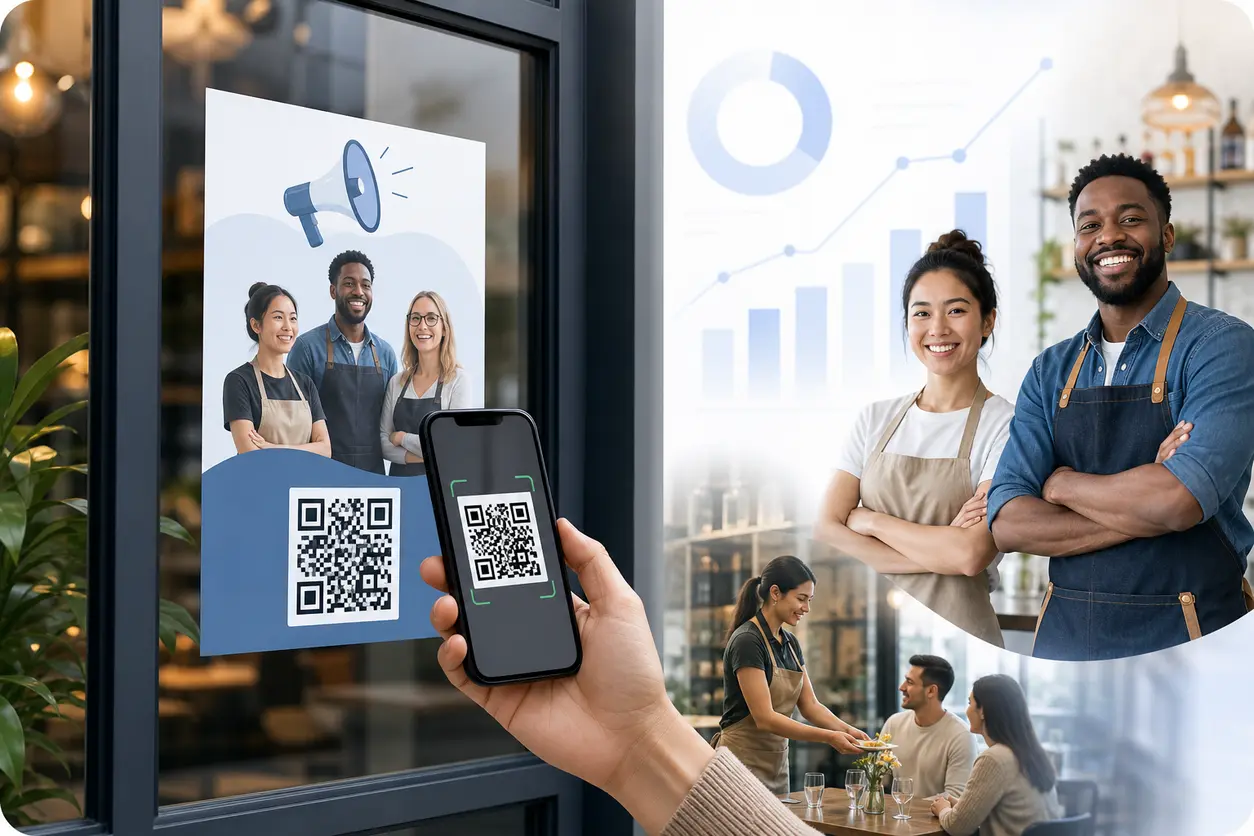 A modern hiring poster in a retail or restaurant setting featuring a prominent QR code being scanned with a smartphone, with subtle visual cues for analytics, mobile application flow, and location-based recruitment tracking.