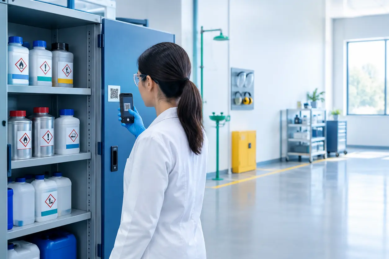 A safety professional in a clean industrial chemical storage area scanning a QR code on a cabinet placard with a smartphone, with labeled containers and safety equipment visible in the background.