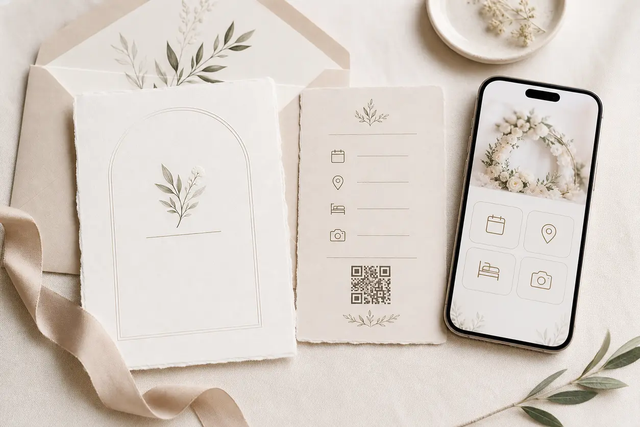An elegant wedding invitation suite on a soft neutral surface with a tasteful QR code printed on a details card, beside a smartphone showing a wedding landing page with RSVP, travel info, and gallery icons.