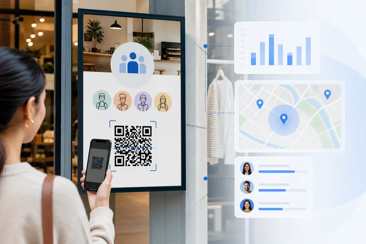A storefront hiring poster with a prominent QR code being scanned by a job seeker on a smartphone, with subtle visual cues of multiple open roles and analytics tracking in a clean business setting.