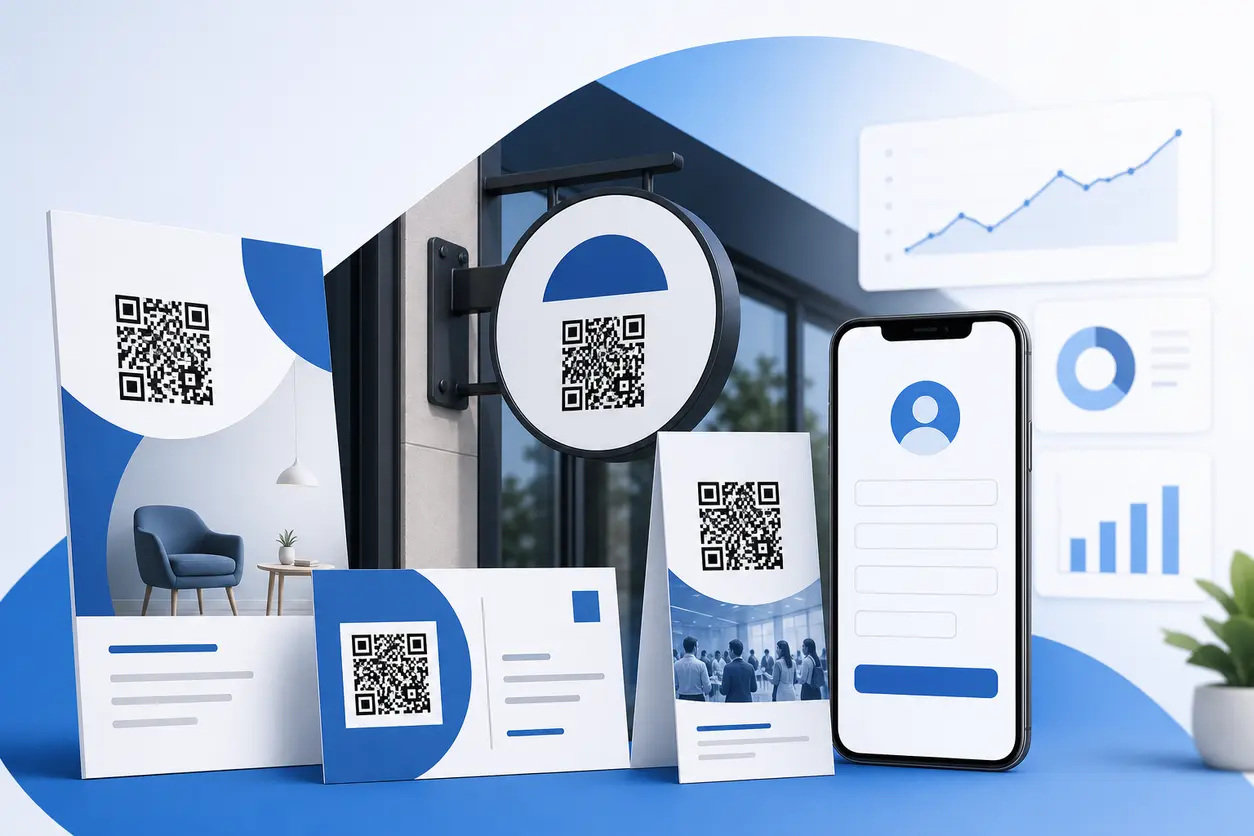 A printed flyer, postcard, storefront sign, and trade show handout each displaying a QR code that leads to a simple mobile lead capture form on a smartphone screen, with subtle analytics visuals suggesting trackable scans and submissions.