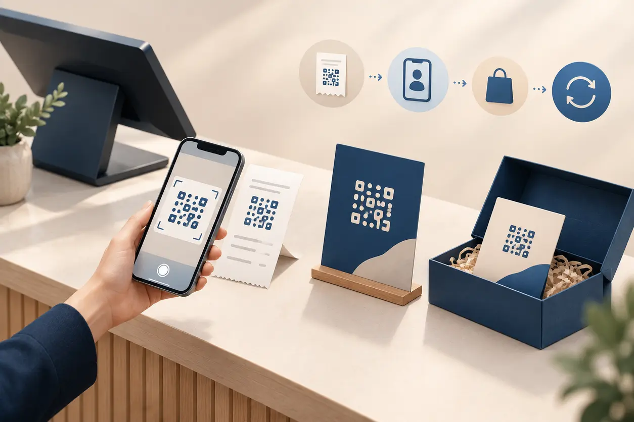 A clean retail checkout scene with a printed receipt, counter loyalty card, and product packaging insert, each featuring a simple abstract QR code, connected by subtle visual lines to a customer smartphone showing a generic member profile and retention funnel indicators.