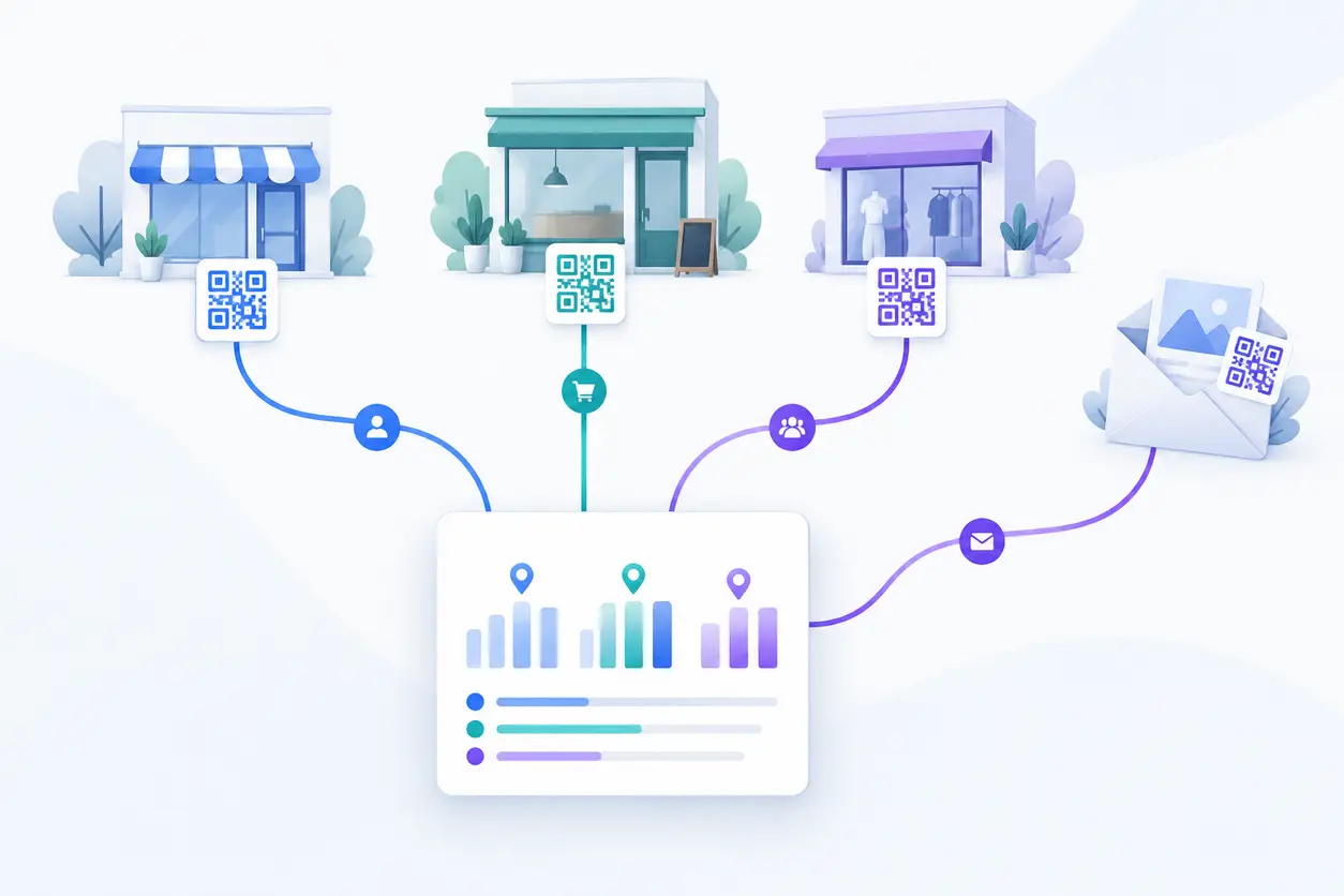 A location-attribution diagram showing distinct storefront and print placements connected through separate QR symbols to a central analytics view, with color-coded paths preserving each placement's identity.