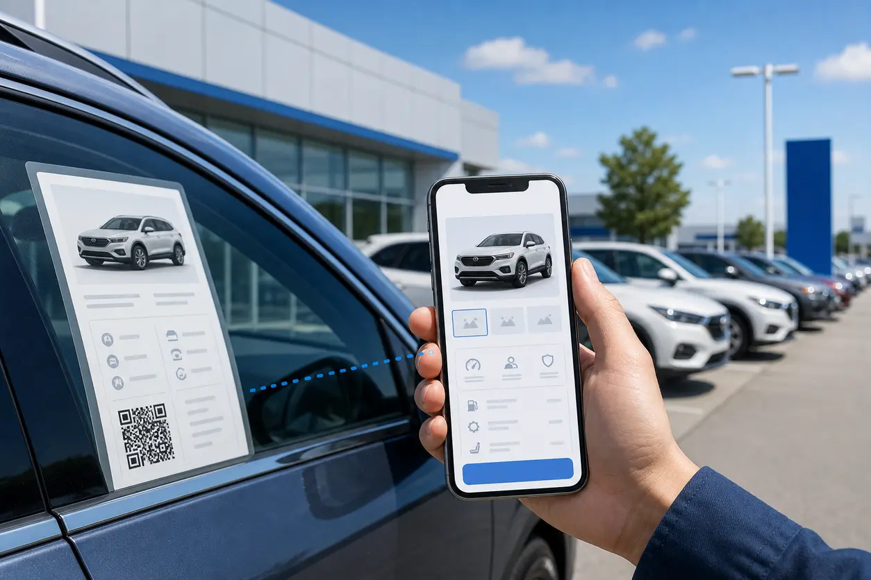 A modern car dealership lot with a close-up of a vehicle window sticker displaying a scannable QR code, while a shopper uses a smartphone to view a mobile vehicle page with photos, specs, financing details, and a test-drive button.