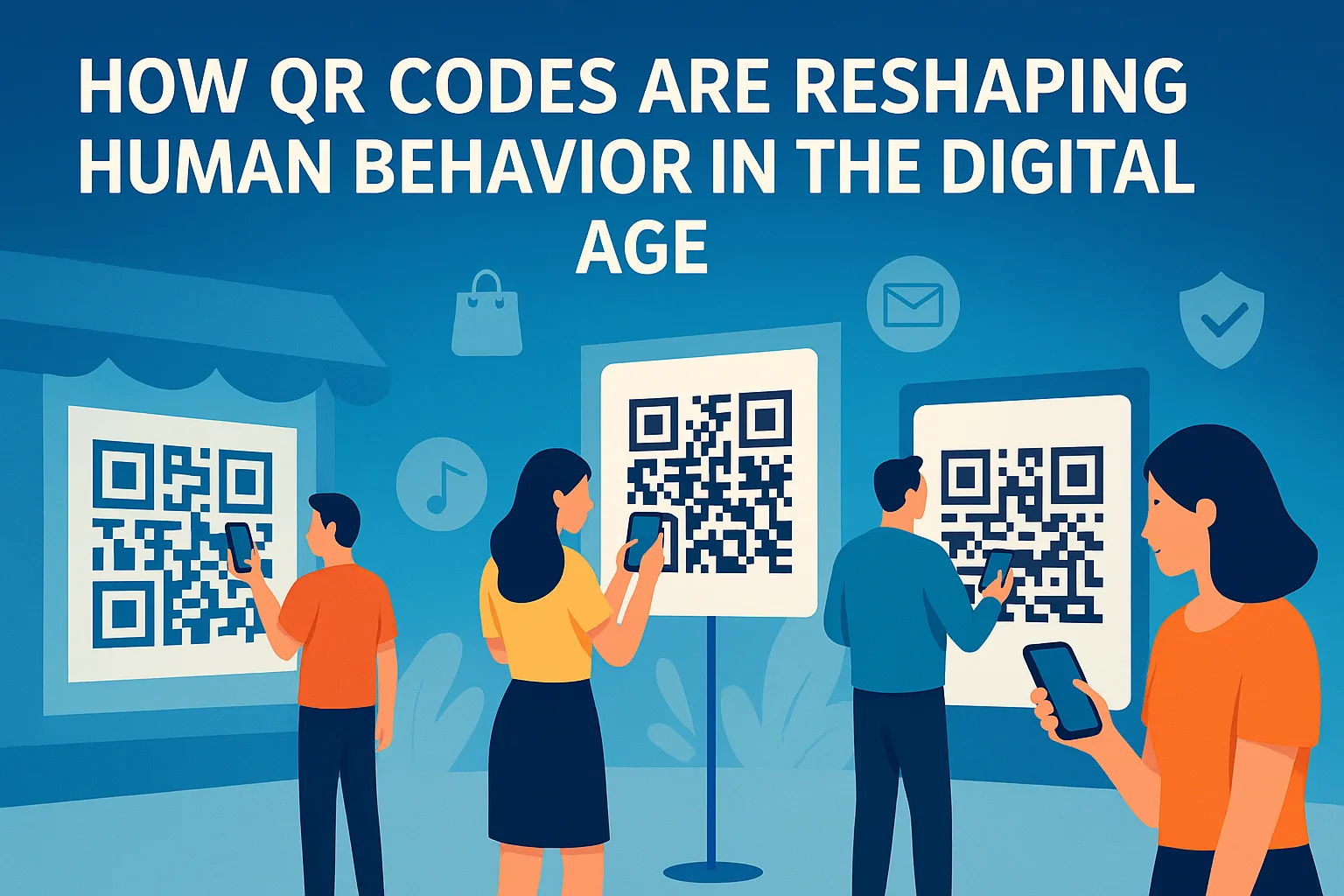 A digital illustration showing people scanning QR codes in various settings — at retail stores, on posters, at events — representing how scanning has become a part of everyday behavior.