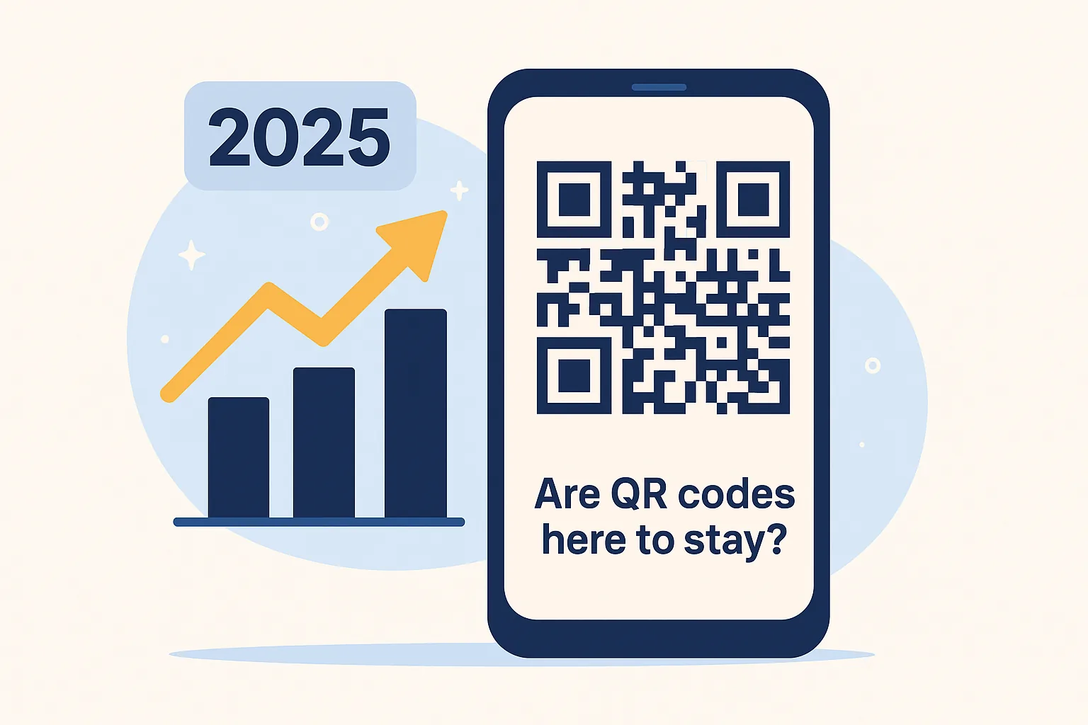 Smartphone displaying a QR code next to a rising bar graph labeled 2025, suggesting the continued growth and relevance of QR codes in the future.