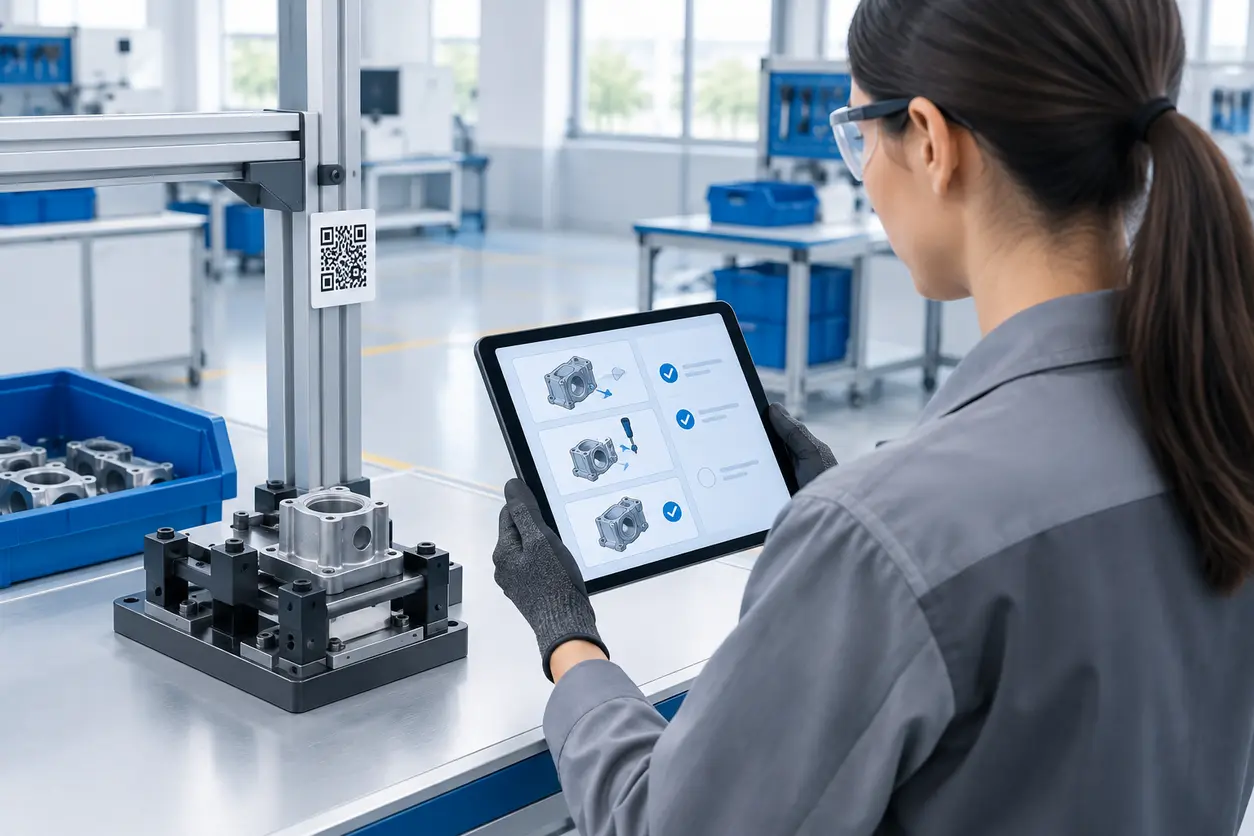 A clean manufacturing workstation with a durable QR code label beside an assembly fixture, while a technician uses a tablet displaying visual work instructions with diagrams and a short checklist.
