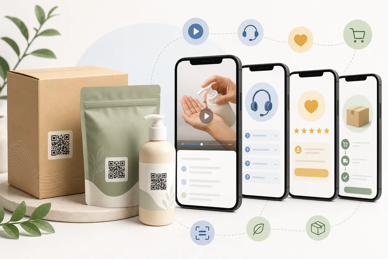 A modern product packaging scene showing several consumer product boxes and pouches with visible QR codes, connected visually to mobile screens displaying tutorial video, support, review, and reorder flows.