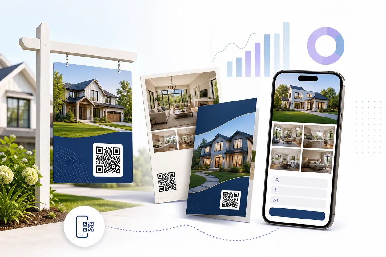 A modern real estate marketing scene showing a yard sign, property flyer, and brochure with visible QR codes connecting to a smartphone displaying a home listing gallery and showing request flow.