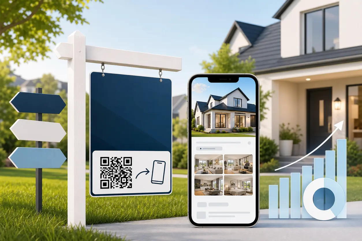 A modern real estate yard sign with a prominent QR code rider in front of a suburban home, with a smartphone showing a mobile property page preview and subtle visual cues for lead capture and analytics.