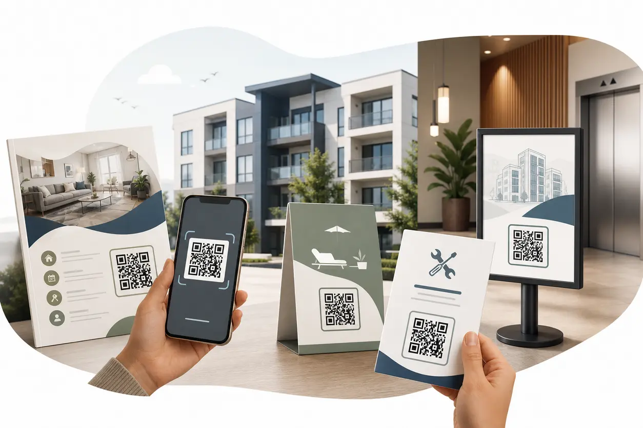 A modern apartment leasing scene with printed flyers, a lobby amenity sign, and a resident maintenance handout, each featuring a scannable QR code that connects offline materials to digital property information.