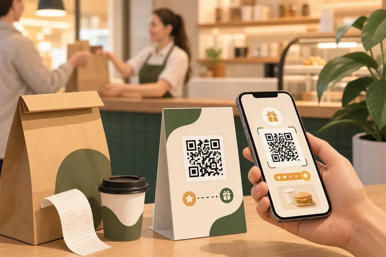 A restaurant counter and takeout setup showing branded QR code placements on a receipt, takeout bag, counter sign, and tabletop card, with subtle visual cues of loyalty sign-up, reorder, and SMS engagement on a smartphone.