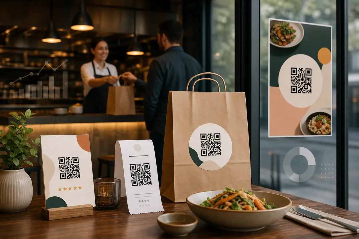 A modern restaurant scene showing multiple QR code touchpoints beyond menus, including a tabletop review card, a receipt loyalty code, a takeout bag reorder code, and a window poster promotion, presented in a clean, professional marketing style.