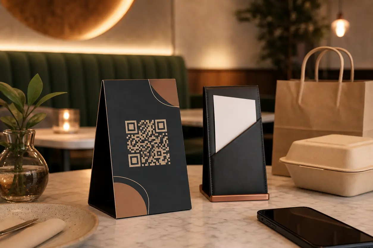 Restaurant table tent with a QR code beside plated food and a receipt on a café table.