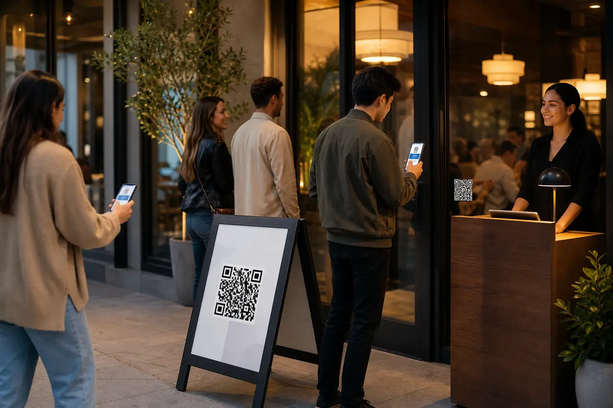 A modern restaurant entrance with a small host stand, guests scanning a QR code on a sidewalk sign and door sign with their phones, and a subtle mobile waitlist interface shown visually without readable text.
