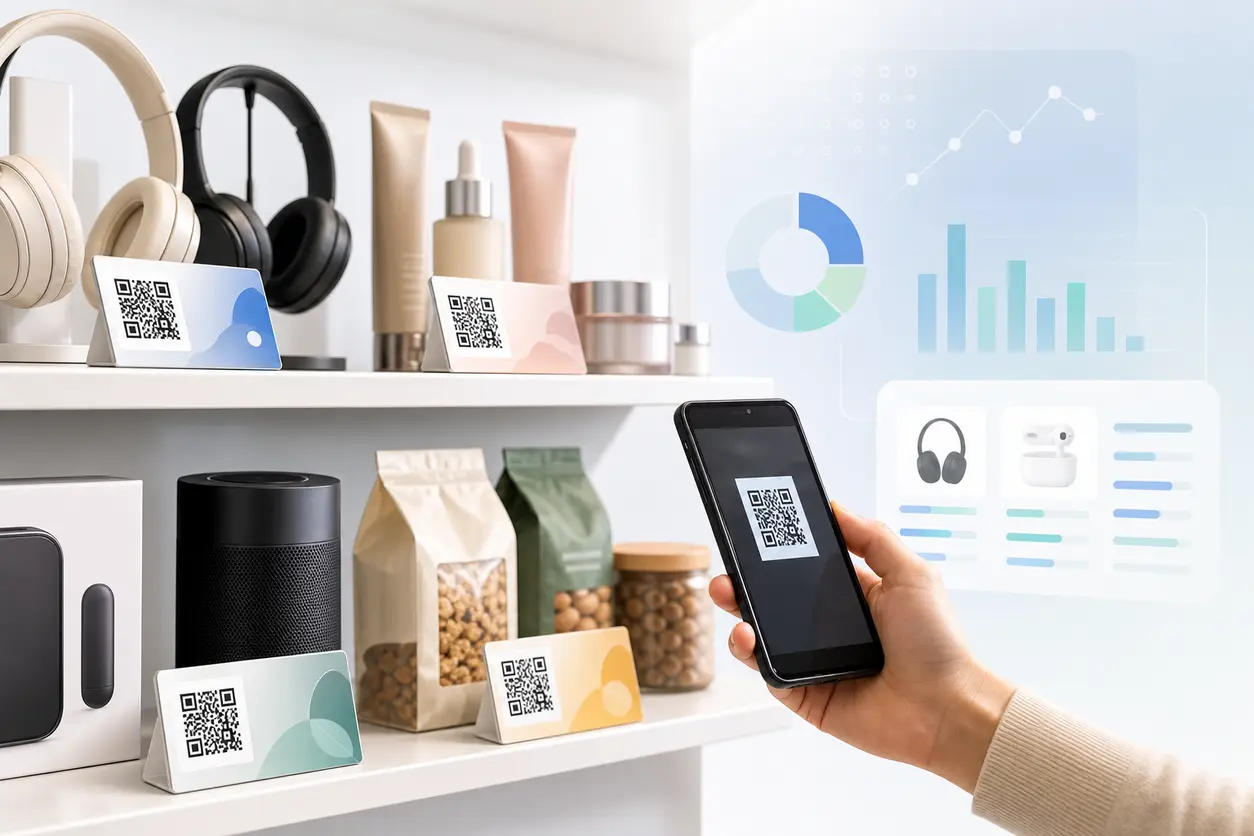 A modern retail aisle scene with shelf talkers featuring QR codes beside products, while a shopper scans one code with a smartphone to compare items and view product details.
