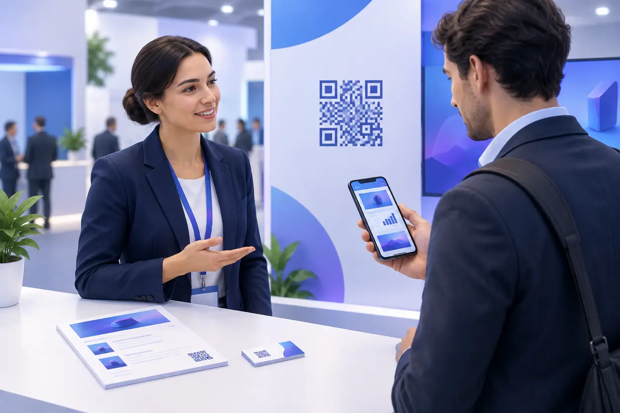 A modern B2B trade show booth where a sales representative speaks with a prospect while distinct QR codes on a large booth display, a one-page handout, and a business card lead to product demo content on the prospect's phone.